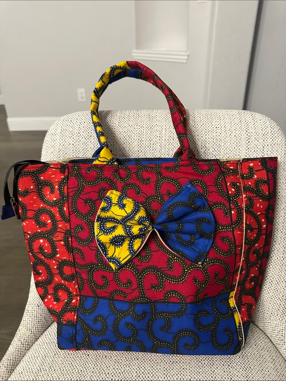 Colorful African Print Tote Bag with Decorative Bow - Red, Blue & Yellow